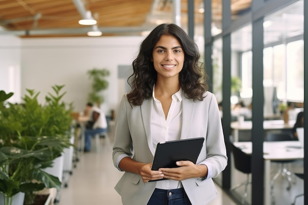 Sorridente jovem mulher de negócios profissional latina gerente de marketing corporativo trabalhadora segurando tablet digital computador tab FinTech no trabalho de pé no escritório de uma empresa moderna olhando para a câmera