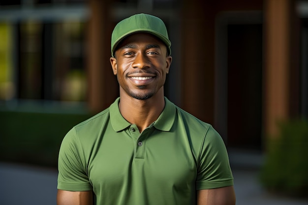 Sorridente jovem negro fica em frente a um cenário verde com braços cruzados e camisa verde