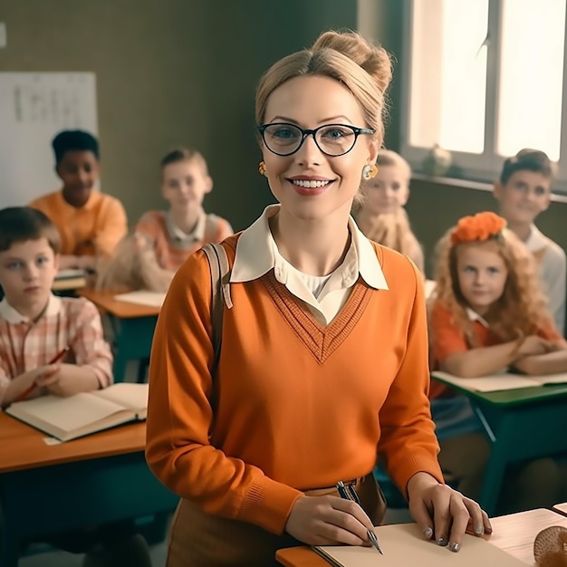 sorridente jovem professor de óculos sobre a sala de aula