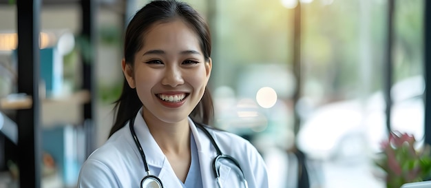 Sorridente jovem profissional confiante médico tiro na cabeça no fundo do escritório do hospital