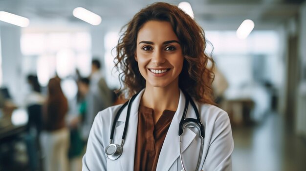 Sorridente milenar atraente mulher indiana médico em casaco branco gesticulando e falando no local de trabalho