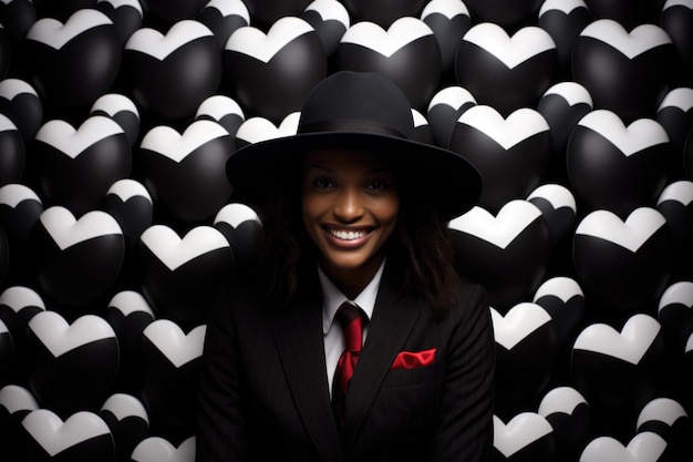 Sorridente mulher afro-americana bonita em chapéu cercada de corações conceito de Dia dos Namorados