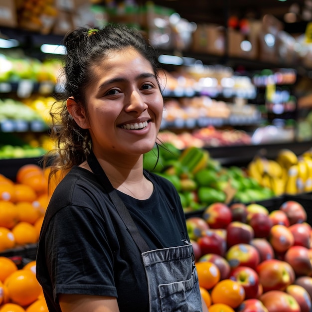 Sorridente trabalhadora da seção de frutas do supermercado hispânica olhando para a câmera