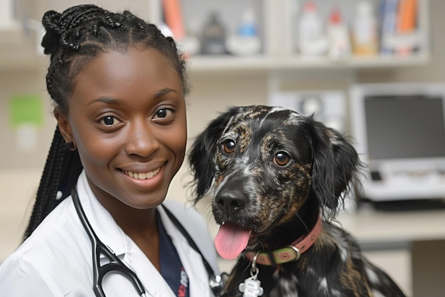 Sorridente veterinária afro-americana segurando amorosamente um cão bonito na clínica de animais de estimação