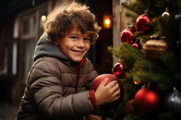 Sorridos e delicias de tinsel Em meio a tinsel e luzes cintilantes um sorriso contagioso de um menino ilumina a sala enquanto decora a árvore de Natal