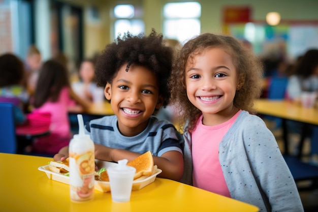 Foto sorridos sinceros de colegas de escola americanos durante o almoço