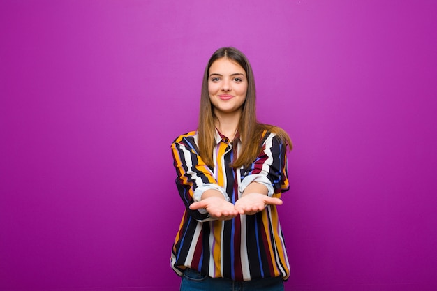 sorrindo alegremente com uma aparência amigável, confiante e positiva, oferecendo e mostrando um objeto ou conceito