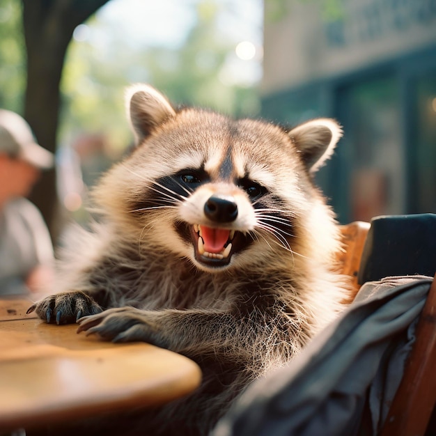 sorrindo alegremente rindo bonito raccoon fofinho retrato closeup animal de estimação adorável