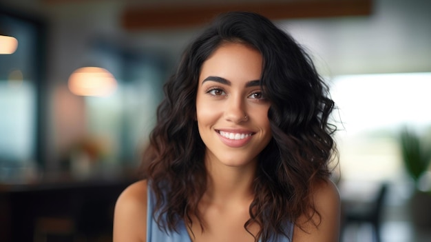 Sorrindo atraente jovem hispânica olhando para o espaço da câmera