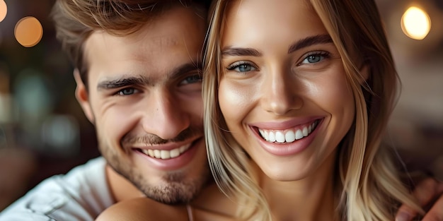 Sorrindo Casal Romance Foco em Estética Dental Conceito Poses Românticas Sorrisos Felizes Estética Dental Casal Sessão Fotográfica Amor e Riso