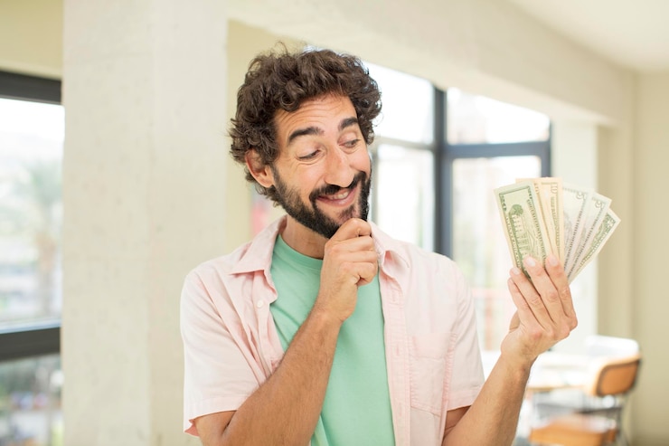 Foto sorrindo com uma expressão feliz e confiante com a mão no queixo