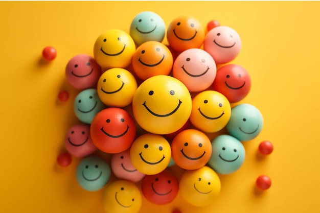 Sorrindo e felizes emoticons em bolas coloridas fundo plano