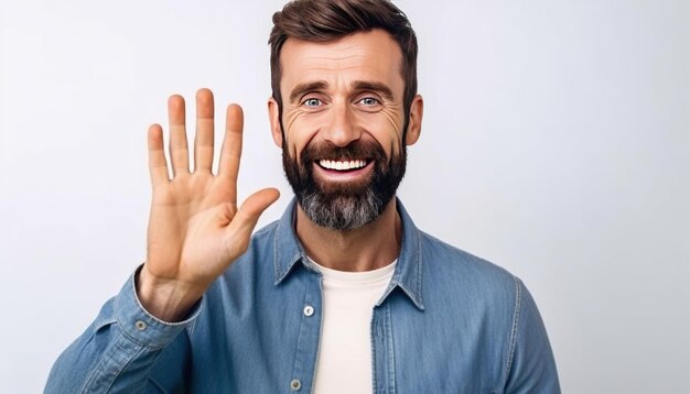 Sorrindo e parecendo amigável mostrando o fundo branco número cinco