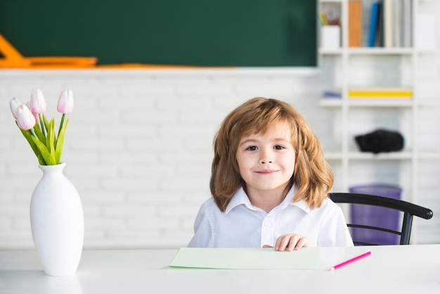 Sorrindo educação escolar. O aluno da escola primária estuda dentro de casa. Depois do ensino escolar. O garoto se prepara para a escola.