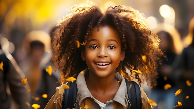 Sorrindo, estudante afro-americana elementar, cabelo encaracolado está sorrindo perto do ônibus escolar amarelo outono