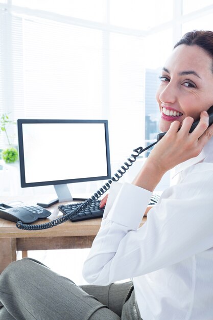 Foto sorrindo, executiva, usando computador, e, telefonando