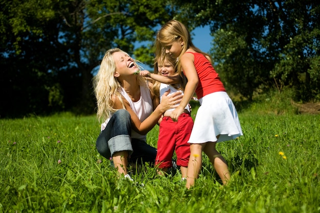 sorrindo famili em prados