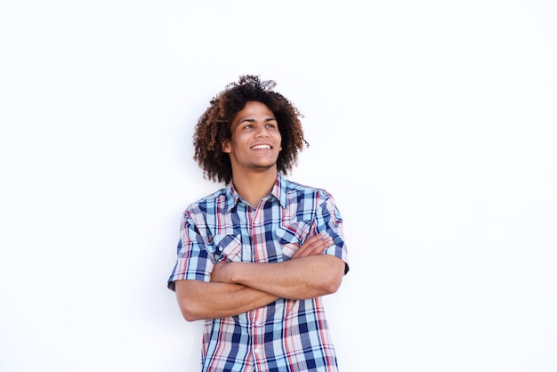 Sorrindo, homem jovem, ficar, contra, isolado, fundo branco