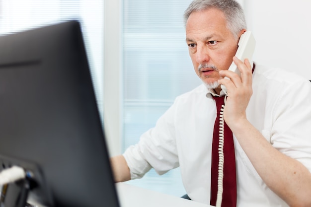 Sorrindo, homem negócios, conversa telefone