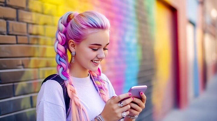 Foto sorrindo jovem atraente adolescente com smartphone na mão na rua da cidade feita com generative ai