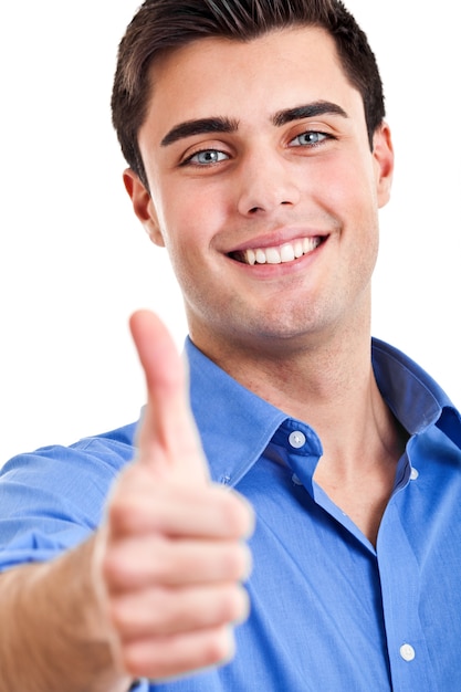 Foto sorrindo, jovem, homem negócios, mostrando, polegares cima