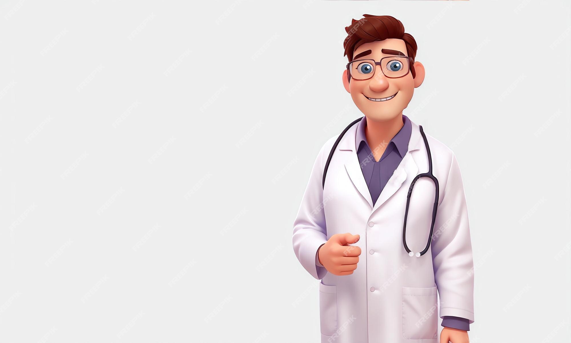 Um personagem de desenho animado médico masculino em fundo branco