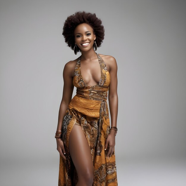 Sorrindo muito bela mulher negra estilo africano fashion show fundo simples