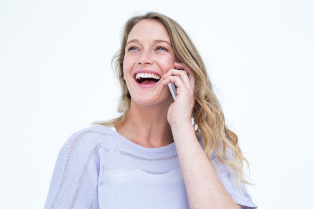 Sorrindo, mulher, usando, smartphone