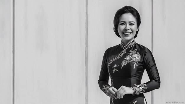 Foto sorrindo mulher vietnamita em vestido tradicional ao dai e introduzir em fundo branco