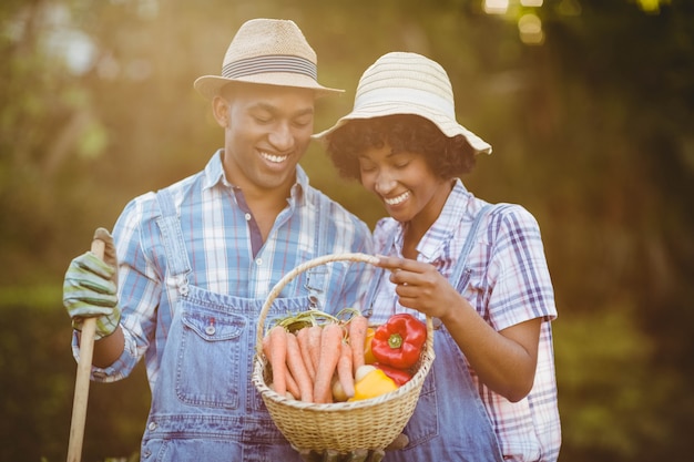 Sorrindo, par, jardim, olhar, cesta, veegtables