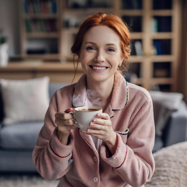 Foto sorrindo senhora adorável com cabelo vermelho vestindo pijama segurando café olhando para a câmera no fundo o