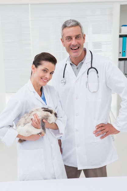 Sorrindo veterinários segurando gato