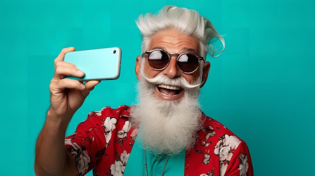Sorrindo vlogger sênior falando selfie usando telefone inteligente contra fundo turquesa