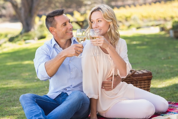 Sorrir casal bebendo vinho e brindando