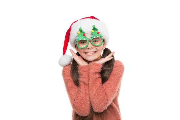 Sorriso bonito Criança feliz árvore de natal acessórios para óculos adereços Se divertindo Pequeno evento de Natal do Papai Noel e entretenimento Feliz com o feriado de Natal do ano novo Menina com chapéu de Papai Noel