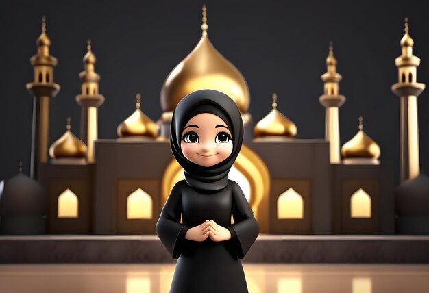 sorriso bonito da menina muçulmana do hijab do caráter 3d na mesquita