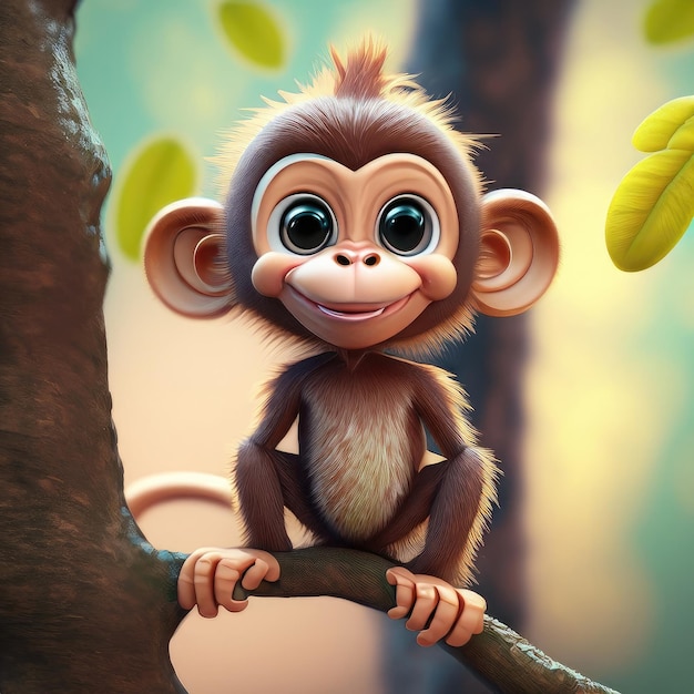 Sorriso bonito em 3D, pequeno macaco.