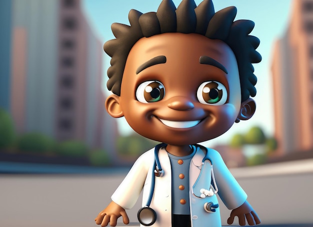 Sorriso bonito em 3D, pequeno médico com olhos grandes.