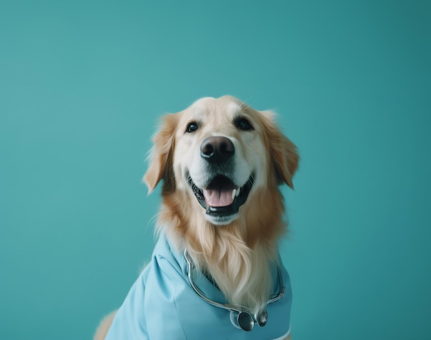 sorriso cachorro vestido de médico em fundo azul isolado