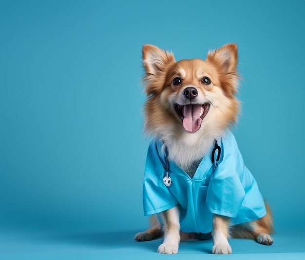 sorriso cachorro vestido de médico em fundo azul isolado