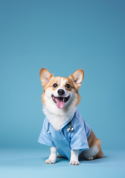 sorriso cachorro vestido de médico em fundo azul isolado