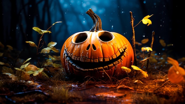 Sorriso de abóbora de Halloween 3d fundo de paisagem estilo desenho animado