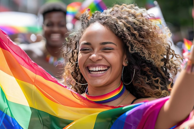 Foto sorriso de jovem multirracial segurando bandeira arco-íris celebrando a parada do orgulho lgbtqia