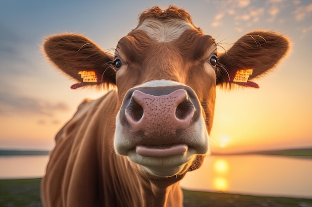 Sorriso de retrato Vaca Jersey mostra a língua ao pôr do sol Pense em fotos engraçadas de animais