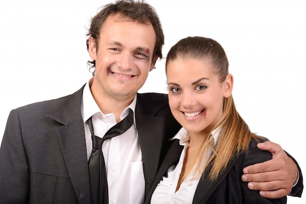 Sorriso do homem de negócios e da mulher de negócios do esforço.