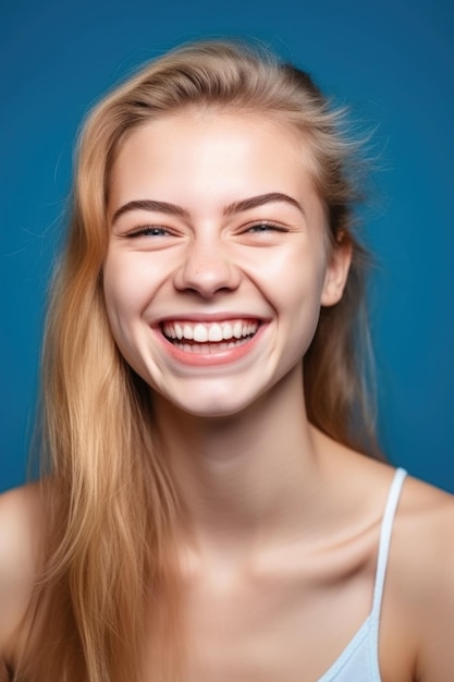 Sorriso feliz e retrato de mulher em estúdio isolado em um fundo azul com motivação