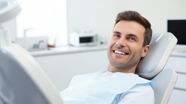 Foto sorriso perfeito retrato de paciente feliz na cadeira dentária homem com um sorriso branco ia