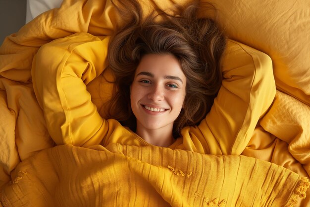 Sorriso radiante na mulher de roupa de cama amarela