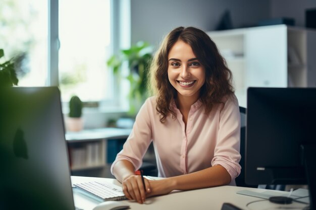 Sorrisos cativantes Uma jovem e atraente mulher abraçando a produtividade em sua mesa de computador