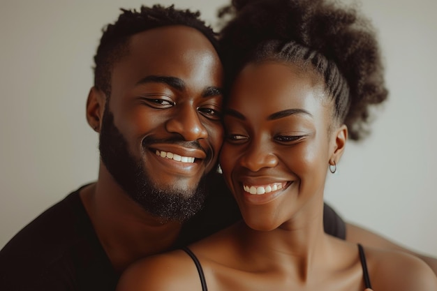 Sorrisos de alma Homem e Mulher Negros abraçam-se apaixonados